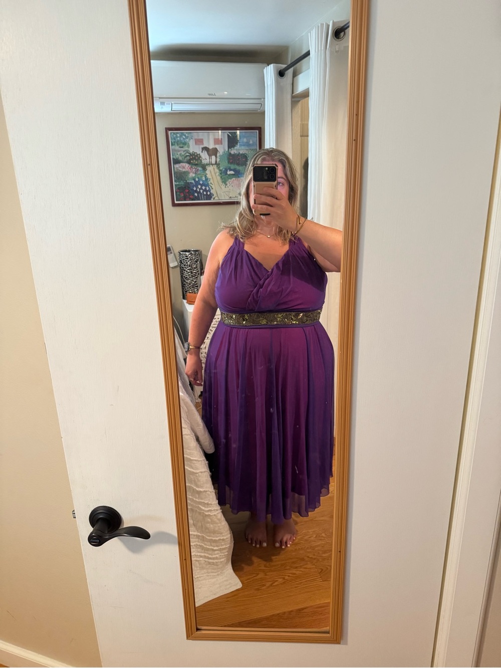 Igigi Purple Sleeveless V-Neck Midi Dress with Gold Embellished Waist